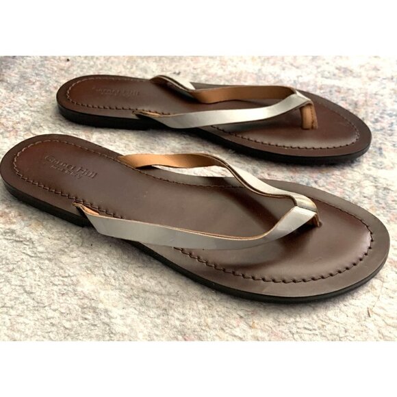 Garnet Hill Leather Thong Flip Flop Flat Women's Sz 9 Made in Italy Silver/Brown - Picture 1 of 4